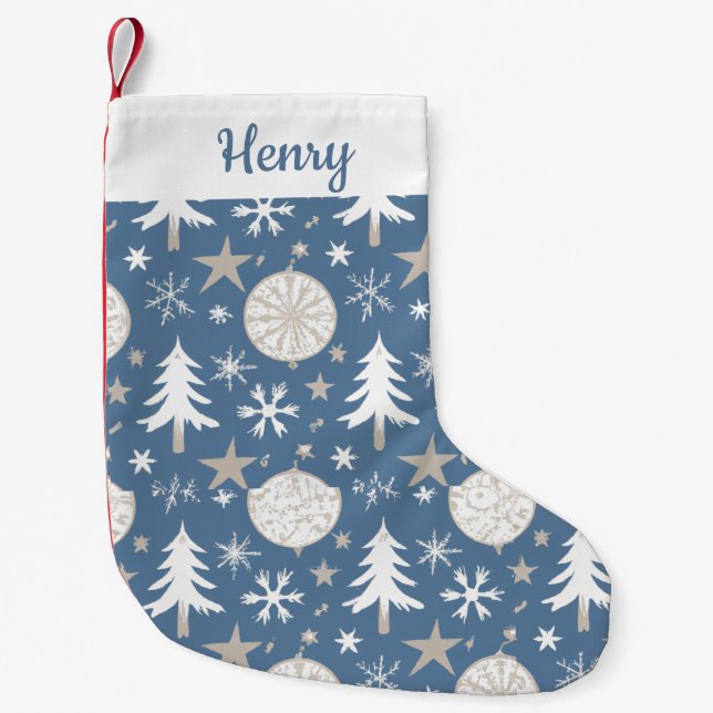Meia De Natal Pequena Floco de Neve Personalizado Azul E Branco (Frente)