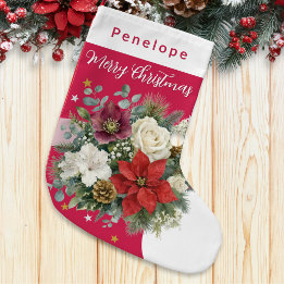Meia De Natal Pequena Florais de Natal Elegantes Vermelhos Personalizado