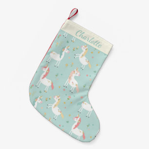 Meia De Natal Pequena Floral Dourado de Unicórnio Azul, Branco, Personal