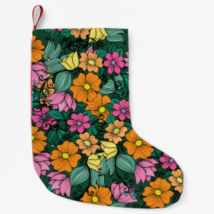 Meia De Natal Pequena Floral Vibrante: Vintagem de Fundo Verde.