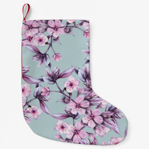 Meia De Natal Pequena Flores cor-de-rosa-cereja: ramo de fundo de aquare