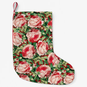 Meia De Natal Pequena Flores de Rosa Rosa e Vermelha em Aquarela & Folha