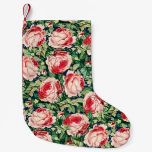 Meia De Natal Pequena Flores de Rosa Rosa e Vermelha & Folhas Verdes em