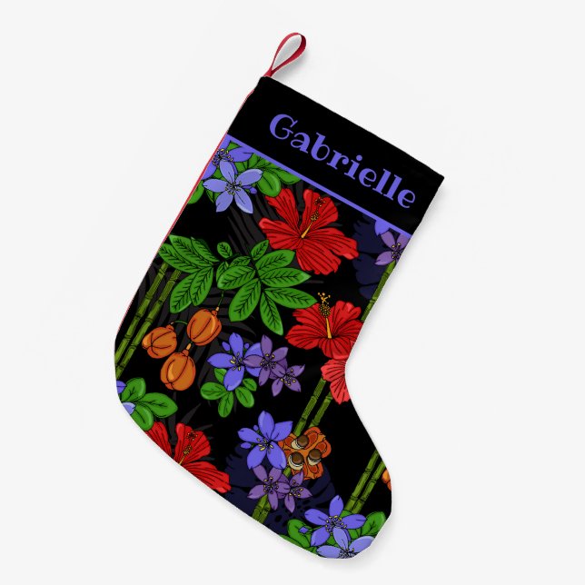 Meia De Natal Pequena Flores Jamaicanas e Frutas Padronizadas (Frente (Pendurada))