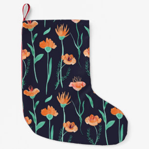 Meia De Natal Pequena Flores Laranja Fantasias: Padrão Escuro Aquarela.