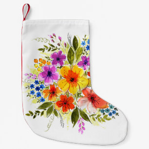 Meia De Natal Pequena Flores pintadas à mão, buquê de aquarela brilhante