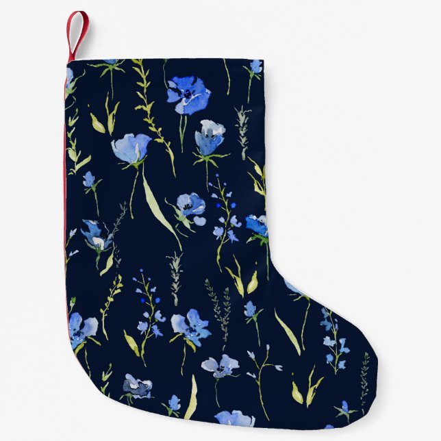 Meia De Natal Pequena Flores Rusticas Azuis: Ilustração Botânica. (Frente)