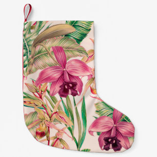 Meia De Natal Pequena Flores tropicais, flor de orquídea, folhas da sel