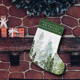 Meia De Natal Pequena Floresta de Pinheiros Aquarela Nome Personalizado