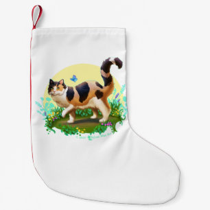 Meia De Natal Pequena Fluffy Calico Cat com borboleta