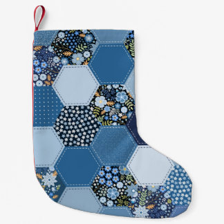 Meia De Natal Pequena Folha floral, colagem de denim: padrão azul.