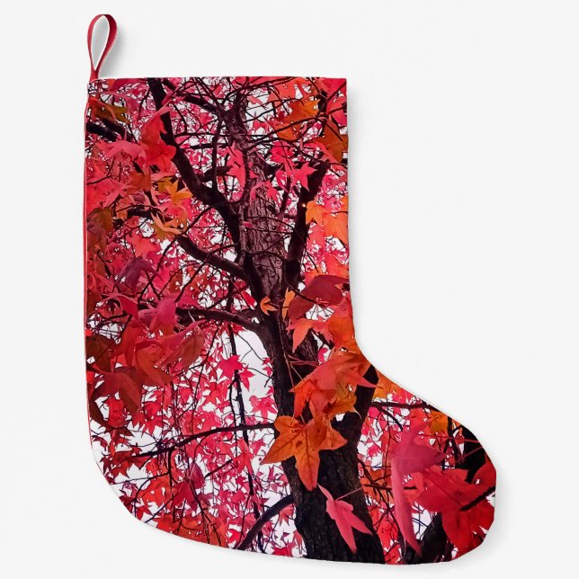 Meia De Natal Pequena Folhas cor-de-rosa e laranja (Frente)