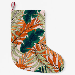 Meia De Natal Pequena Folhas de bege verde tropical, padrão sem costura.