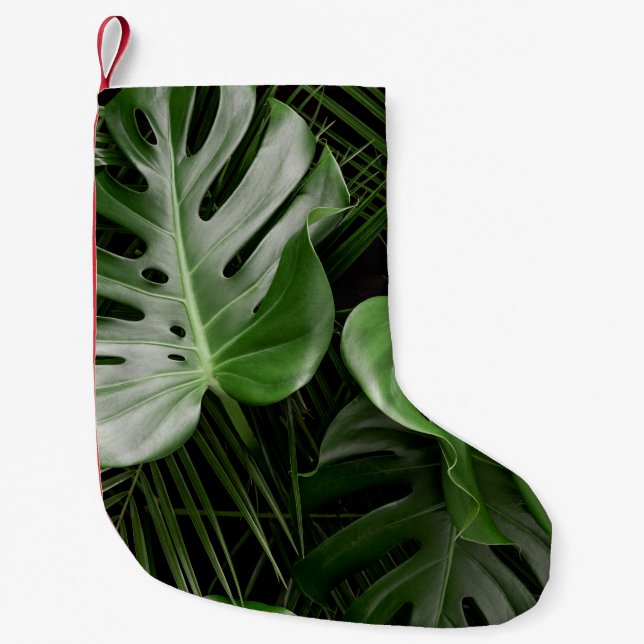 Meia De Natal Pequena Folhas de Monstera, layout tropical de luxo. (Frente)