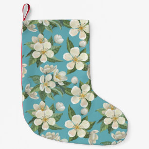Meia De Natal Pequena Folhas de Verde Flores de Água Brancas