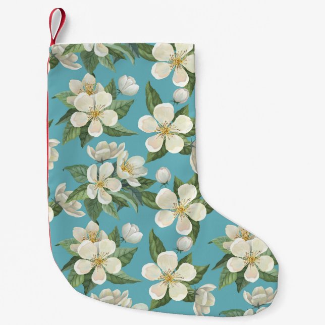 Meia De Natal Pequena Folhas de Verde Flores de Água Brancas (Frente)