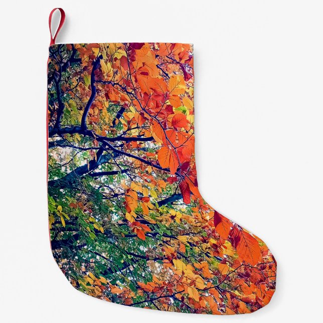 Meia De Natal Pequena Folhas laranja e verde (Frente)