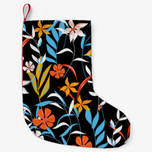 Meia De Natal Pequena Folhas tropicais coloridas: padrão de fundo escuro