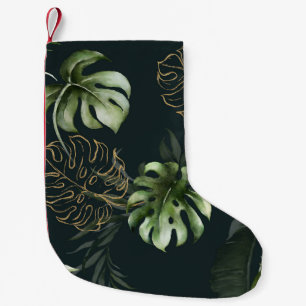Meia De Natal Pequena Folhas Tropicais Douradas: Cor de Água Escura