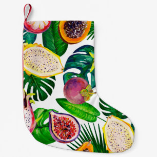 Meia De Natal Pequena Folhas tropicais, frutas, padrão sem costura de gu