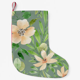 Meia De Natal Pequena Folhas Verdes, Flores Rosa: Aquarela.