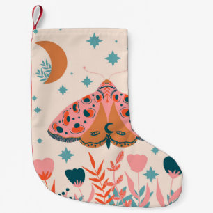 Meia De Natal Pequena Folk Art Moths: Ilustração Brilhante Vintage