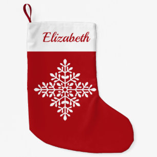 Meia De Natal Pequena Formato de Floco de Neve Branco em Vermelho Com No