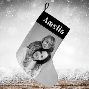 Meia De Natal Pequena Foto Black White Rustic Festic Xadrez Tartan