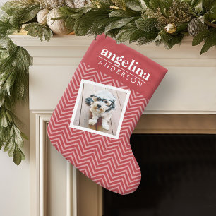 Meia De Natal Pequena Foto com padrão Chevron e nome personalizado