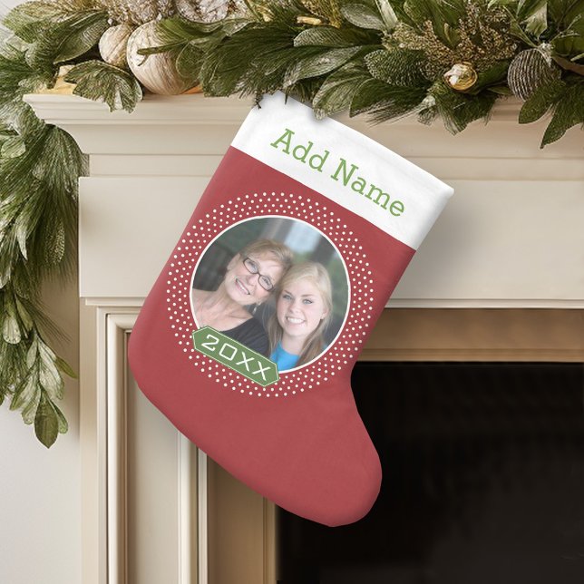Meia De Natal Pequena Foto com Quadro de Bolinhas Vermelha e Ano Persona (Personalized Christmas Stocking)