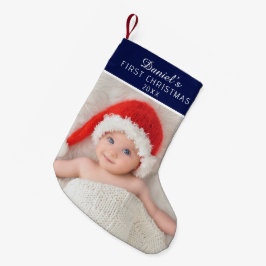Meia De Natal Pequena Foto de Bebê Azul Elegante com Nome Personalizado