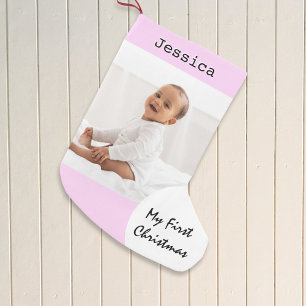 Meia De Natal Pequena Foto de Bebê Primeiro Natal Fofo Rosa Personalizad
