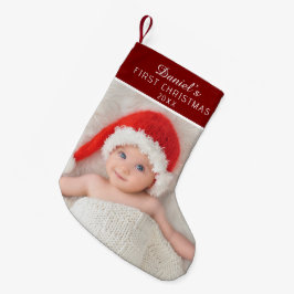 Meia De Natal Pequena Foto de Bebê Vermelho Elegante com Nome Personaliz