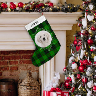 Meia De Natal Pequena Foto de Cachorro com Trevo de Plaid Verde e Vermel