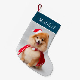 Meia De Natal Pequena Foto de Cachorro de Estimação Azul Elegante com No