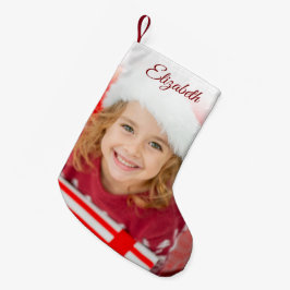 Meia De Natal Pequena Foto de Nome Personalizado Vermelho Elegante