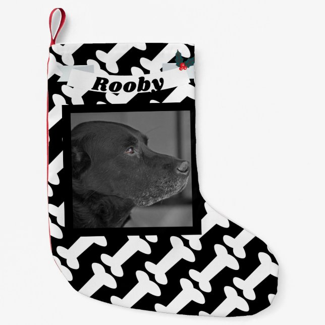 Meia De Natal Pequena Foto do cão do Natal preta & nome branco dos ossos (Frente)