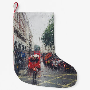 MEIA DE NATAL PEQUENA FOTO DO ÔNIBUS VERMELHO NA RUA DA JANELA