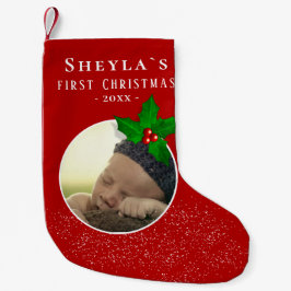 Meia De Natal Pequena Foto do Primeiro Natal Red Holly Berry