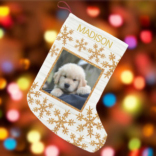 Meia De Natal Pequena Foto Dourada De Crianças Ou De Animais De Estima
