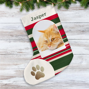 Meia De Natal Pequena Foto e Nome de Gato Personalizado Listras Vermelha