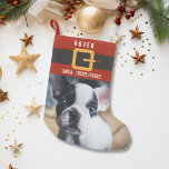 Meia De Natal Pequena Foto e nome personalizados do Cachorro Santa Claus<br><div class="desc">Seu cachorro vai adorar essa meia de Natal engraçada personalizada só para ele. Adicione o nome do seu cão aos Papais noeis,  cinturão preto e uma foto abaixo. Bonita e festiva e muito espaço para guloseimas. . Um estoque de natal que será precioso nos próximos anos.</div>