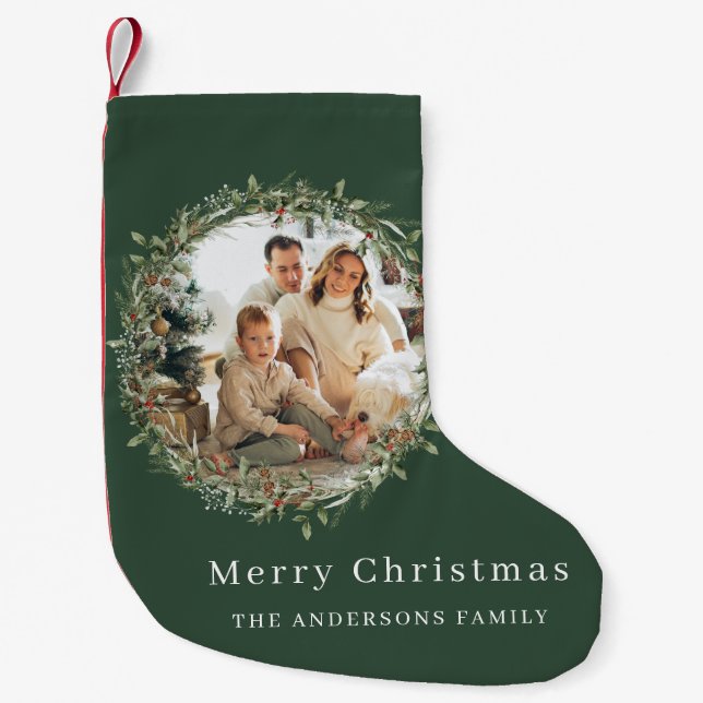 Meia De Natal Pequena Foto moderna, coroa verde de Natal (Frente)