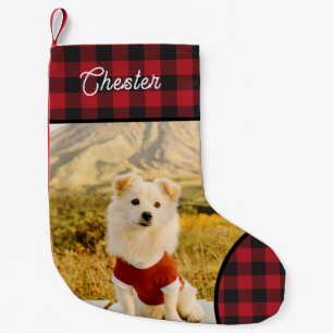 Meia De Natal Pequena Foto & Nome de Cachorro Personalizados em Xadrez d