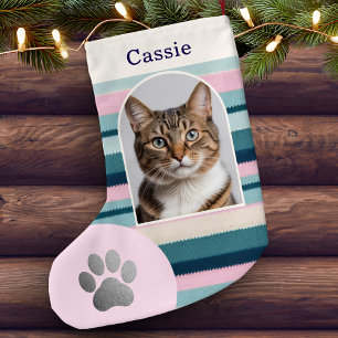 Meia De Natal Pequena Foto Personalizada com Estampa de Pata de Gato Ros