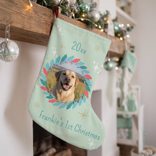 Meia De Natal Pequena Foto Personalizada de Cachorro com Coroa Verde Bri