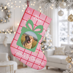 Meia De Natal Pequena Foto Personalizada de Cachorro em Xadrez Rosa Nata