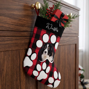 Meia De Natal Pequena Foto Personalizada de Cachorro/Gato com Xadrez Ver