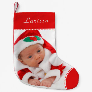 Meia De Natal Pequena Foto personalizada - Trim. vermelho Natal