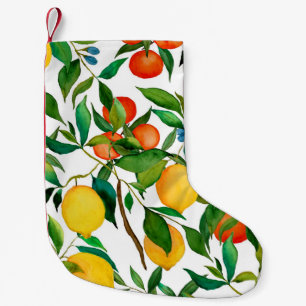Meia De Natal Pequena Frutas de citros, padrão de aquarela vibrante.
